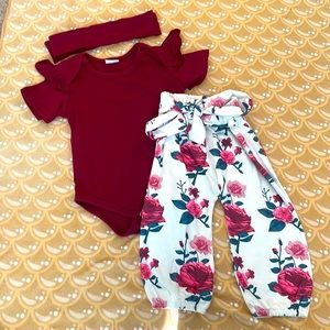 Infant 3 Piece Red/Floral onesie and pants set